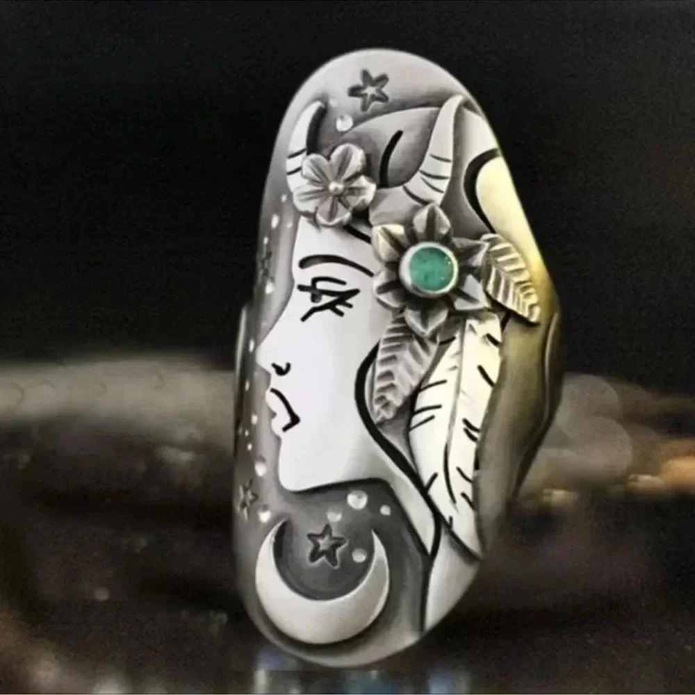 Silver Bohemian Woman Face Silver Ring